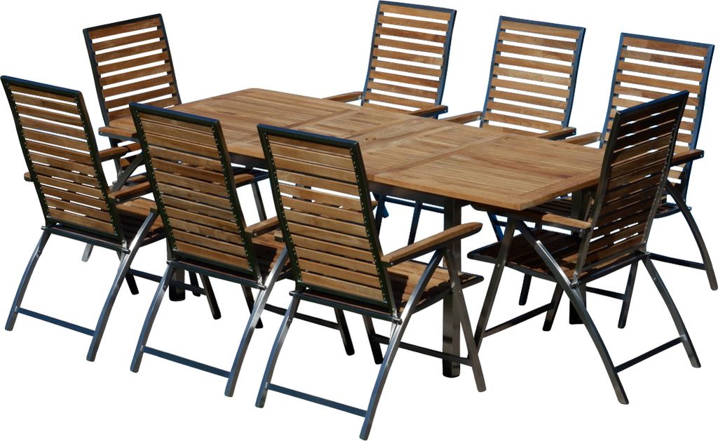 ALEOS. Gartengarnitur Edelstahl & A-Grade Teak - Ausziehtisch 160-220 x 90 cm + 8 Hochlehner klappbar - Sitzgruppe Premium Gartenmöbel Set wetterf...
