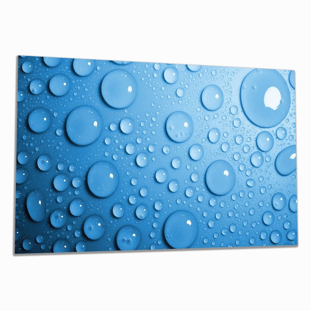 Wallario Herdabdeckplatte aus Glas, Größe 90 x 52 cm 1-teilig, Motiv Wassertropfen auf Blau