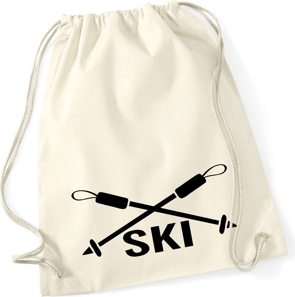 Huuraa Turnbeutel Ski Schriftzug 12 Liter Natural Baumwolle Rucksack Geschenkidee