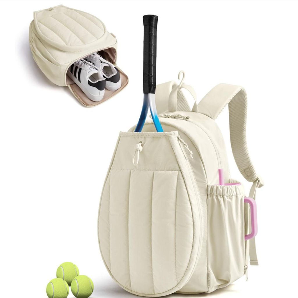 Tennisrucksack für 2 Tennisschläger, Tennistasche mit Schuhhalte, Sporttasche für Fitness, Gym, Beige