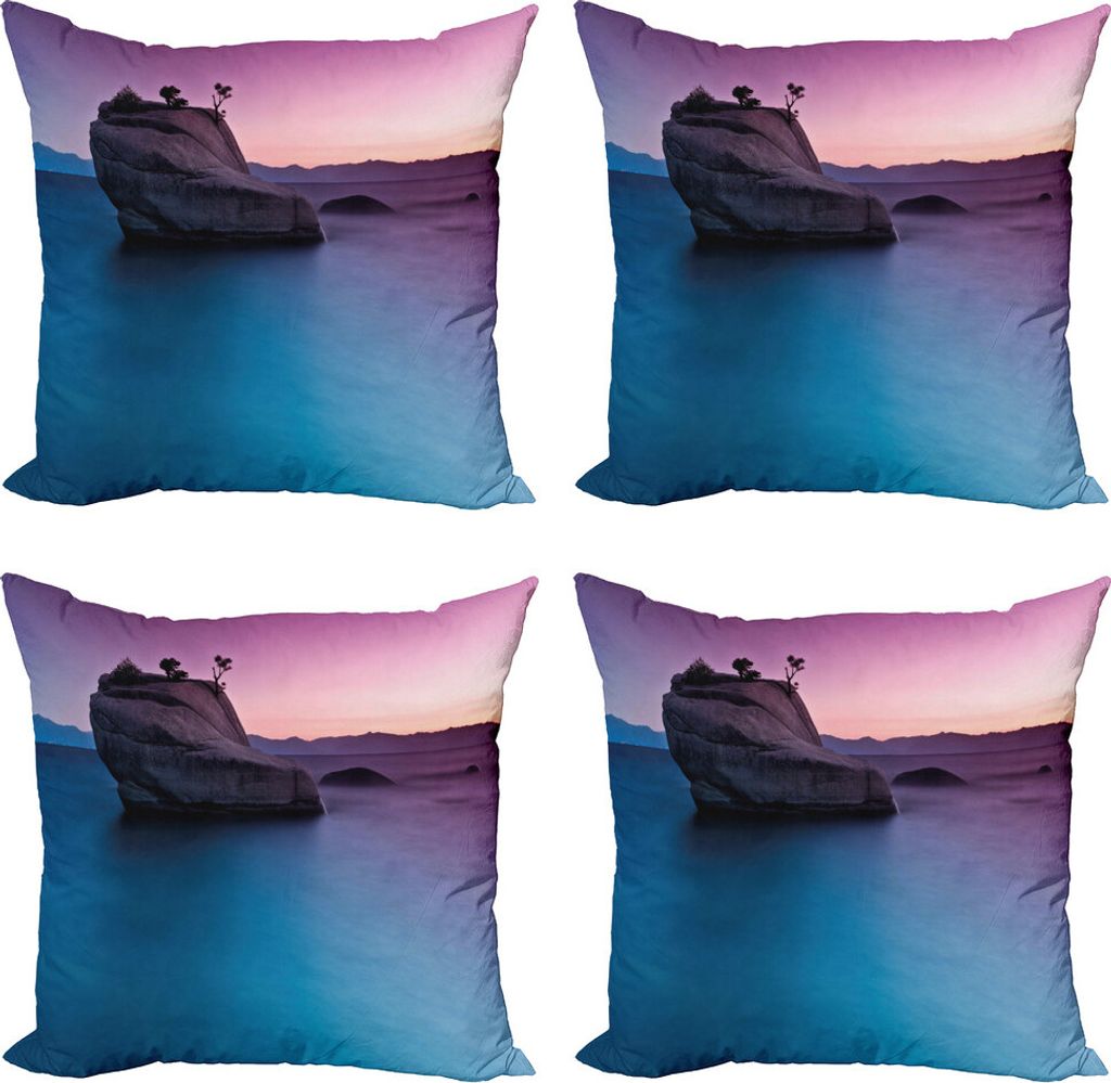 ABAKUHAUS Natur Kissenbezug Set (4 Stück), Bonsai Rock Lake Tahoe, Moderner Doppelseitiger Digitaldruck, 45 cm x 45 cm, Lila Grau Blau