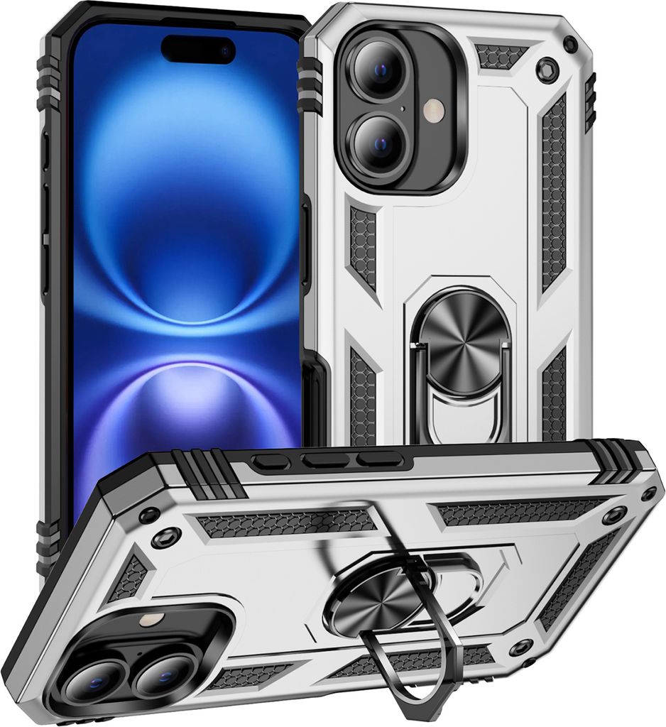 Schutzhülle für iPhone 16 Dual Layer Robust Militäre Fallschutz Hülle mit Ringhalterung Ständer Silber
