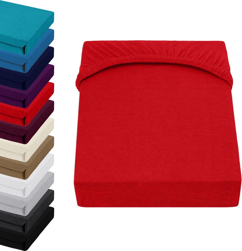 A stack of colorful fitted sheets is shown on the left, and a single red fitted sheet is displayed prominently on the right.