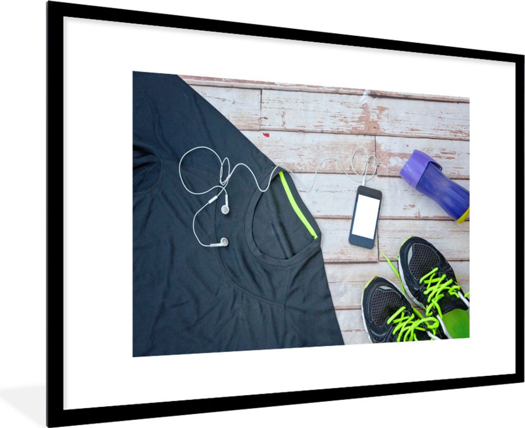 MuchoWow Gerahmtes Poster Das Sportshirt und die Schuhe sind bereit für ein Fitnesstraining 90x60 cm - Poster mit Schwarzem Bilderrahmen Wandpos...