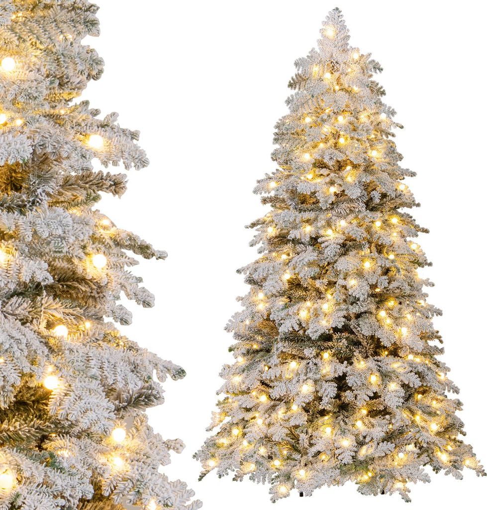 COSTWAY Künstlicher Weihnachtsbaum 180cm mit Schnee, Tannenbaum mit 130 Kugeln, warmweißen LEDs, 8 Lichtmodi & Ständer, Christbaum Weihnachten