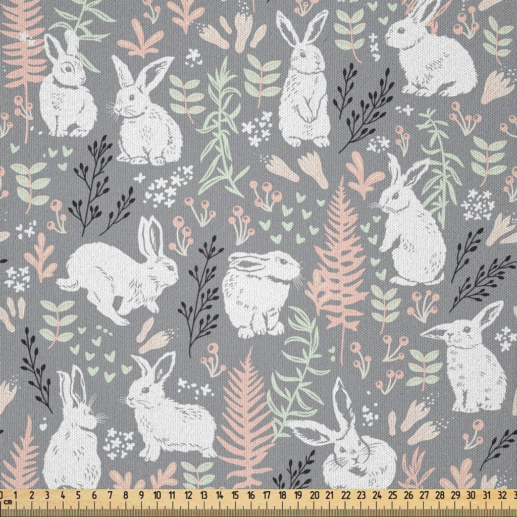 ABAKUHAUS Hase Microfaser Stoff als Meterware , Nature Inspired Muster Gezeichnet von Hand mit weißen Hares Herzen und floralen Elementen, 1 M (23...