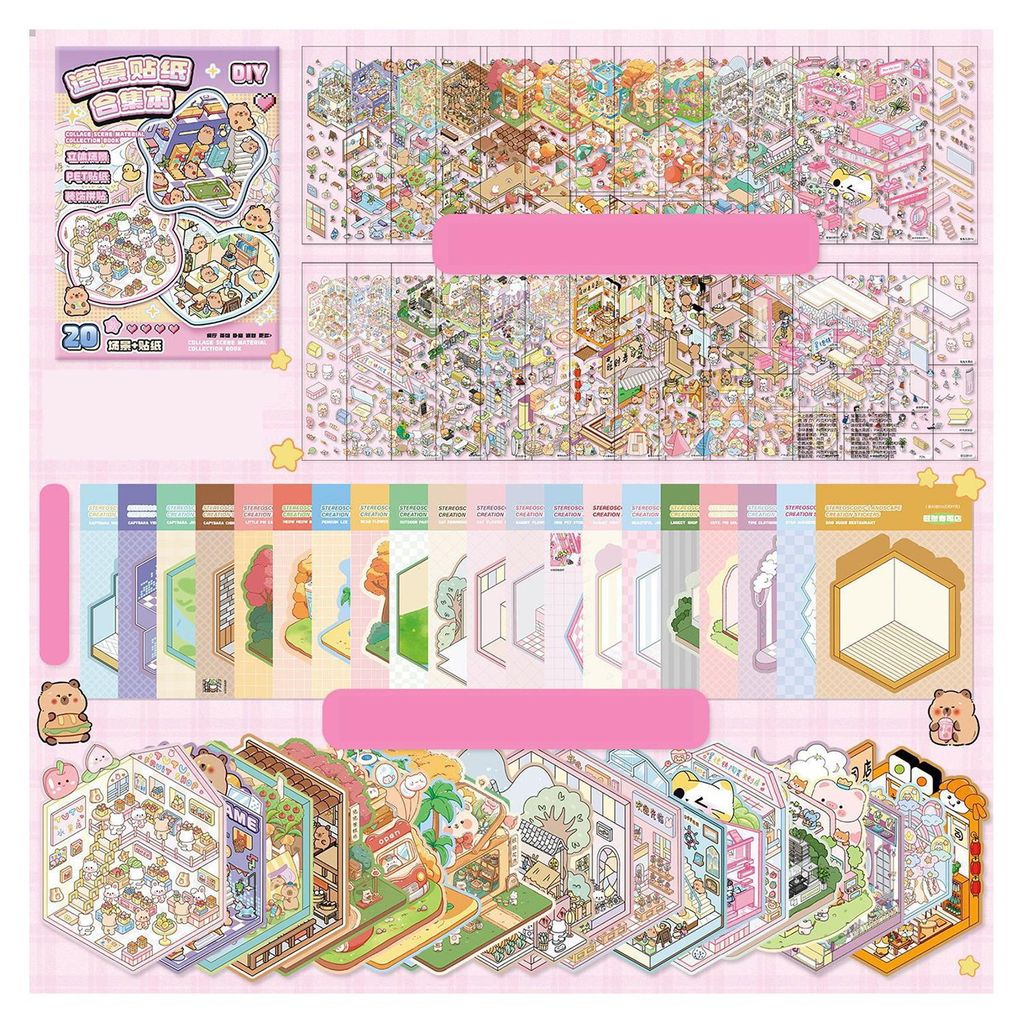 3D-Szenen-Stickerbuch-Set für Kinder und Erwachsene, DIY-Minihaus-Sticker-Set, wiederverwendbare Kawaii-Sticker für Zuhause, Schule, Büro