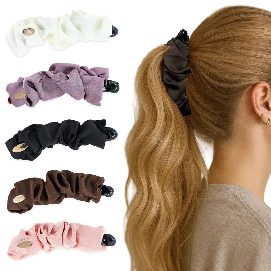 Pince banane en tissu plissé lot de 5 barrettes cheveux satin antidérapantes