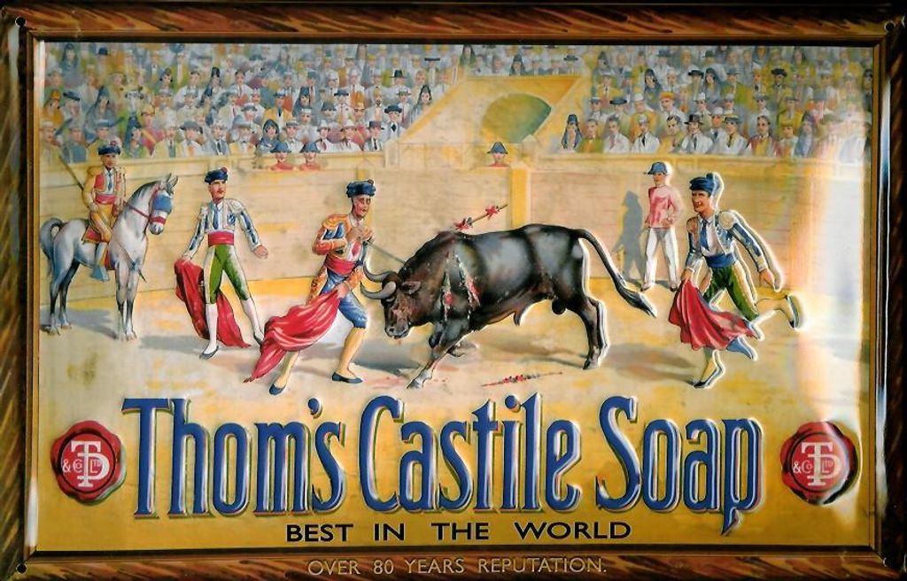 Blechschild Thoms Castile Soap Seife Stierkampf Torero Stier Schild Nostalgieschild