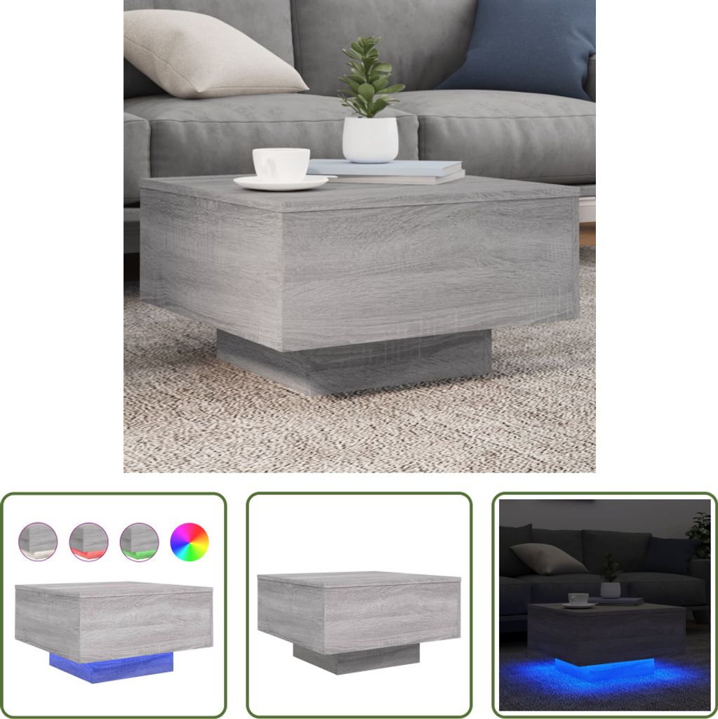 The Living Store Couchtisch mit LED-Leuchten Grau Sonoma 55x55x31 cm
