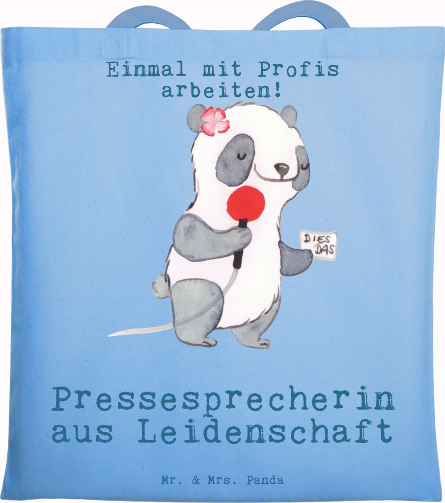 Mr. & Mrs. Panda Jutebeutel Pressesprecherin Leidenschaft - Sky Blue - Geschenk, Tasche, Laptoptasche, Shopping, Stoffbeutel, Tote Bag