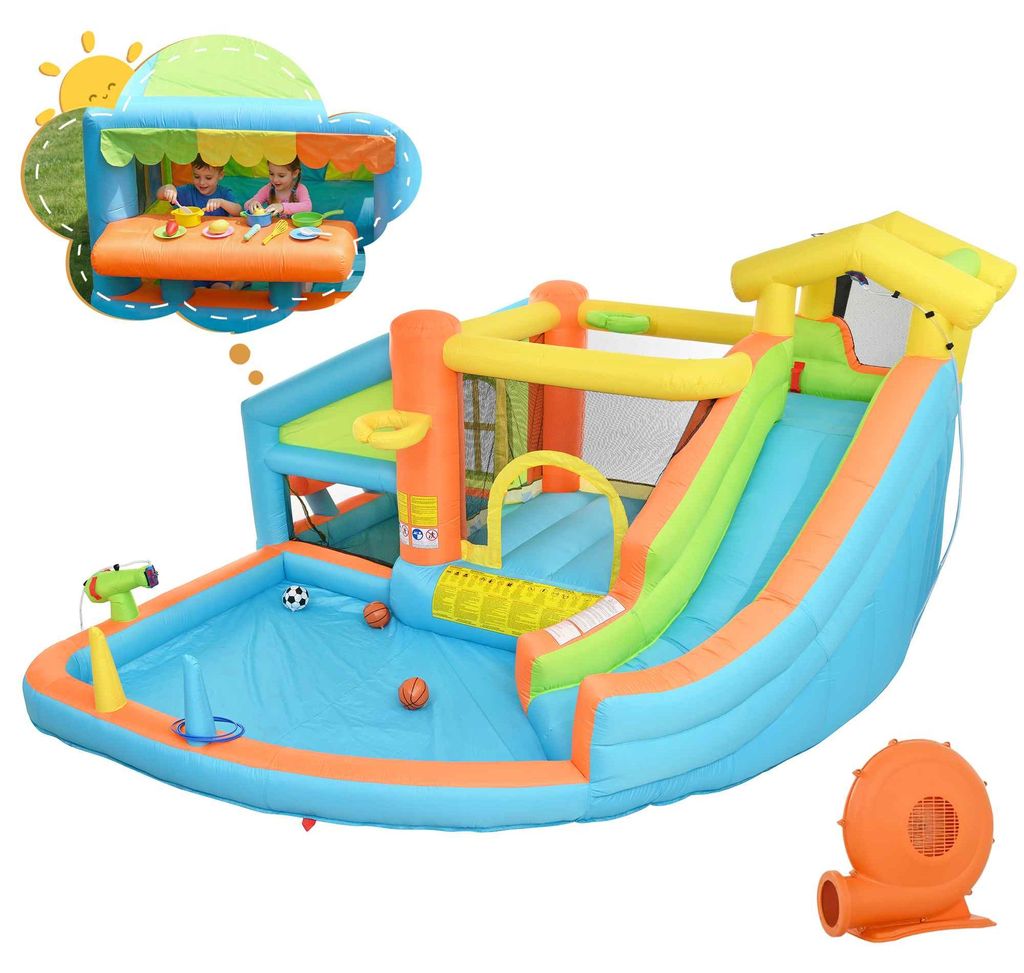 Zimilo Kinder Hüpfburg Wasserpark mit 580W Gebläse, Rutsche, Planschbecken, Wasserpistole, Spielküche, Basketball, Ringwurf, 360 x 350 x 210 cm