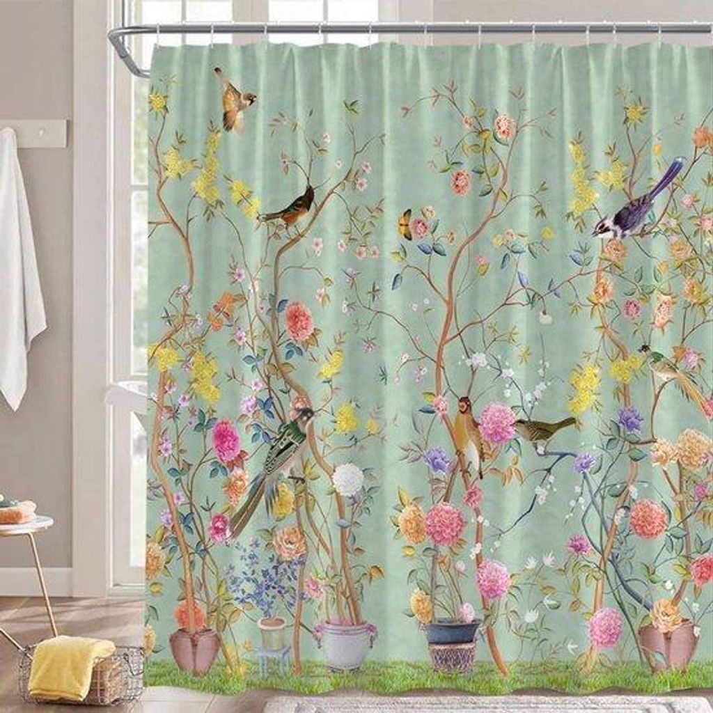 Duschvorhang 180x180cm, schimmelschutz, blumenmuster, wasserbeständig, maschinell wasbar, schnell trocknend, Polyester, grüner Vogelprint, Duschv...
