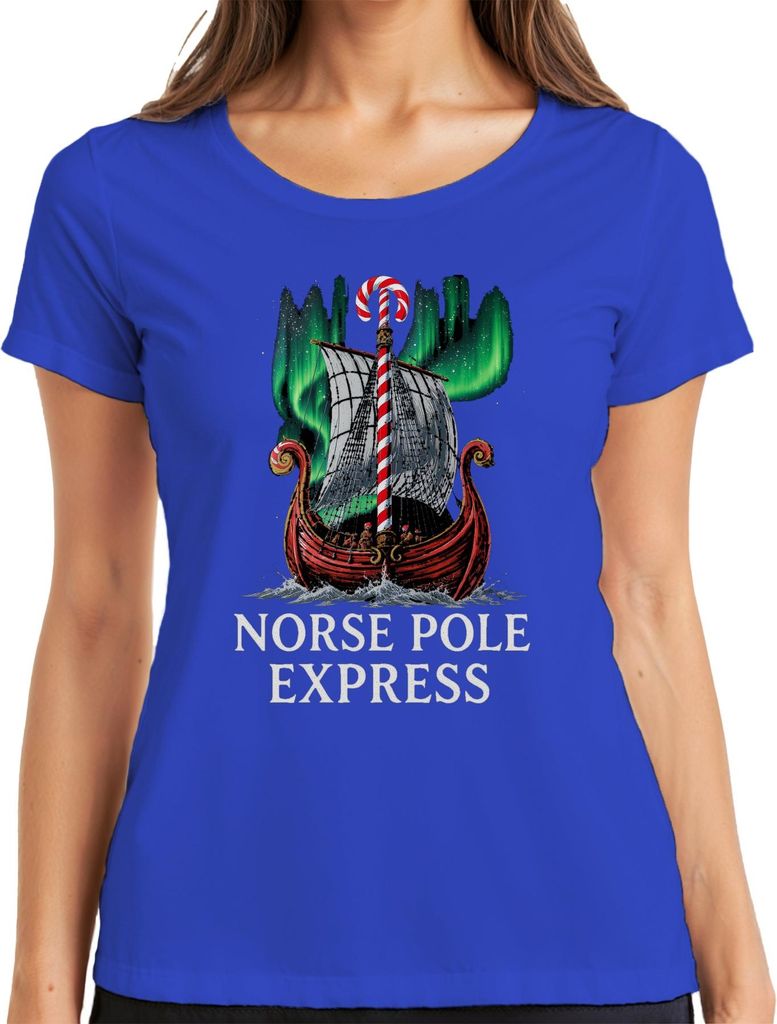 Norse Pole Express Weihnachtsgeschenk Wikinger Nordlicht lustig Damen T-Shirt, Blau, XL
