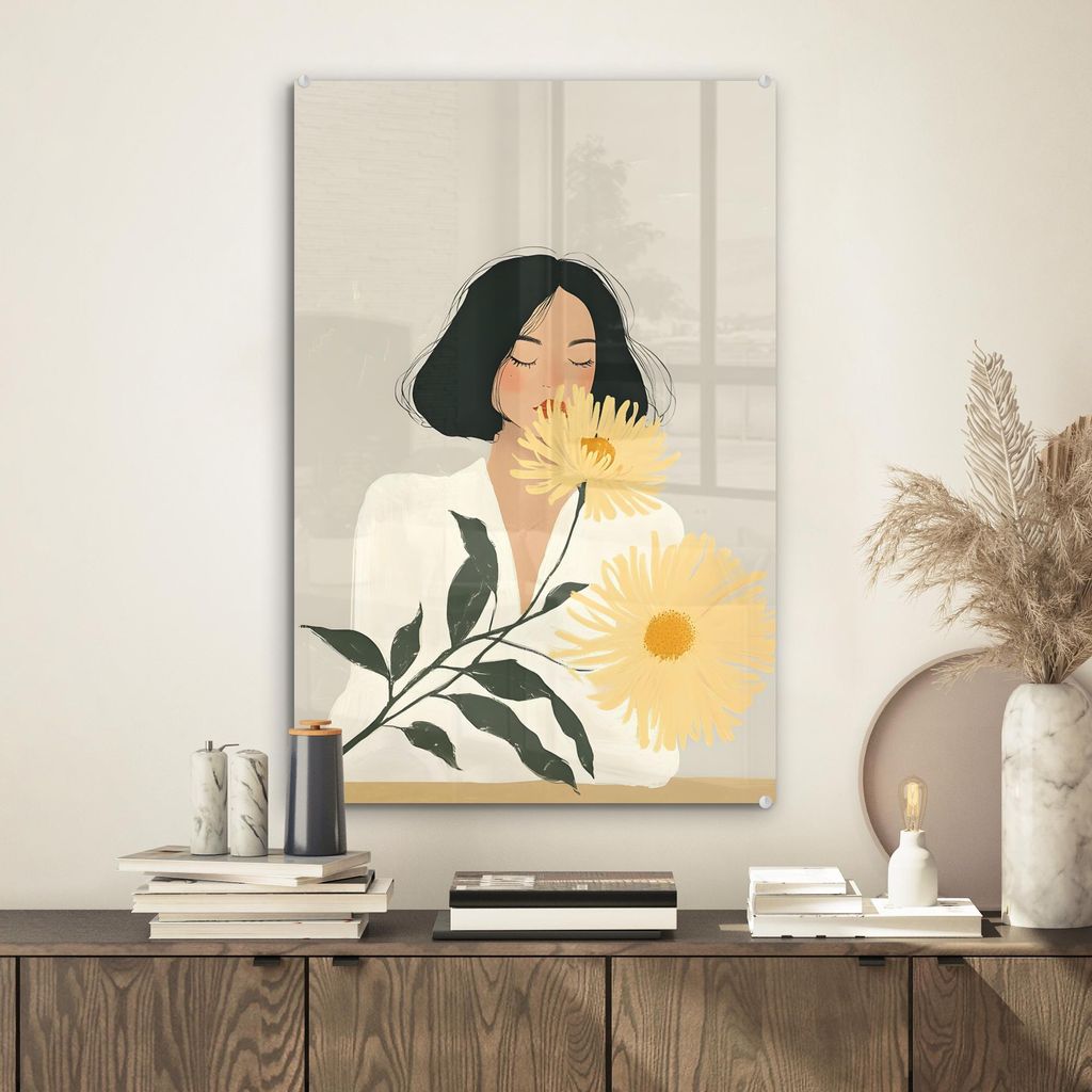 MuchoWow Glasbilder - Bilder auf Wandbild - Foto auf Glas Frau - Blume - Gelb - Minimalistisch 40x60 cm Wanddekoration aus Glas - Acrylglasbild - A...