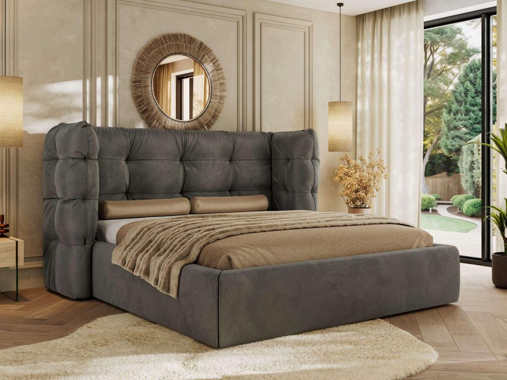 MKS MEBLE Polsterbett FLONELLE CLASSIC mit Bettkasten & Stauraum 180 x 200 cm , Inkl. Lattenrost, Gestepptes Kopfteil, Metall-Hebeautomat - Dunkelg...