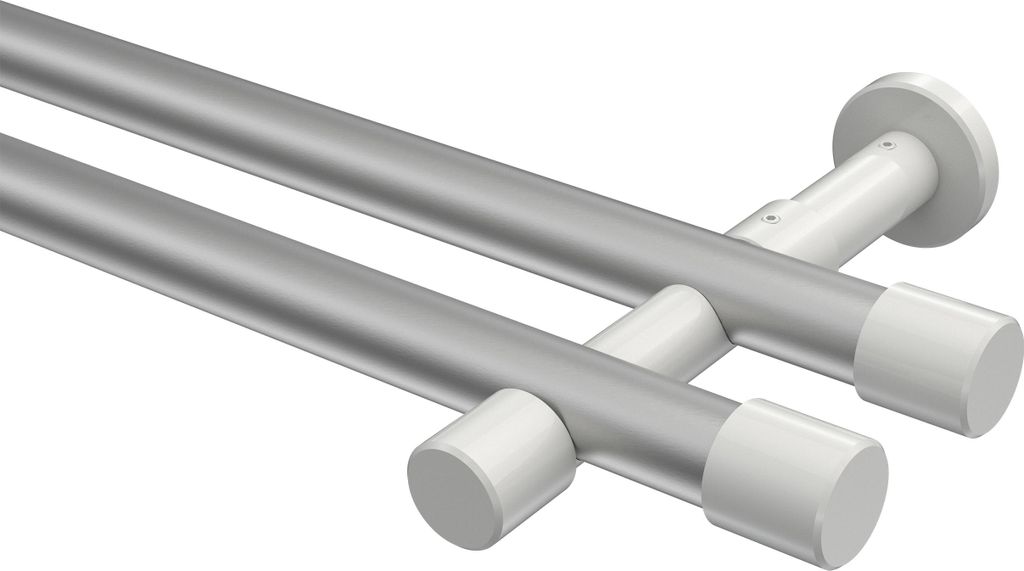 Interdeco Gardinenstange / Vorhangstange Silbergrau / Weiß, Typ Prestige Santo (Kappe) ohne Ringe, 20 mm Ø 2-läufig, 100 cm