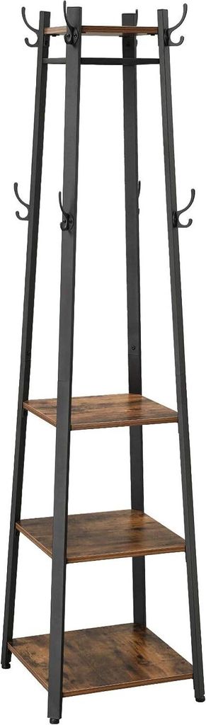 VASAGLE Industrielles Design Garderobe Kleiderständer 3 Regal Haken Kleiderstange Stabiler Metallrahmen Holzoptik Vintage