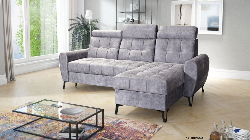 Ecksofa LAVAX auf Beinen mit Kopfstützen und Schlaffunktion, L-Form, rechts, Grau