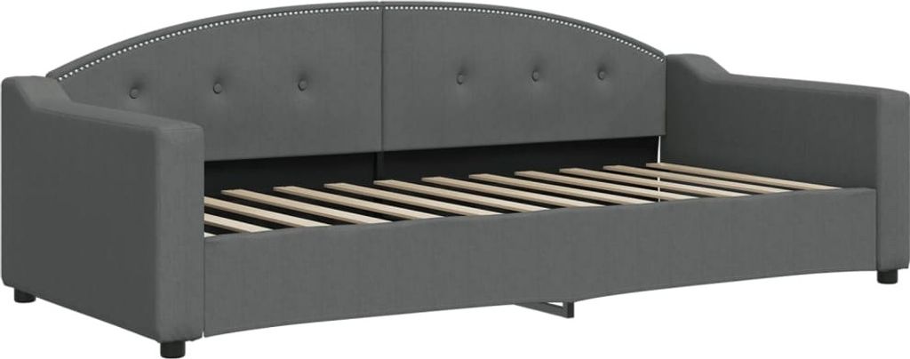 A dark gray fabric daybed with a curved, tufted headboard and wooden slats for the mattress support.