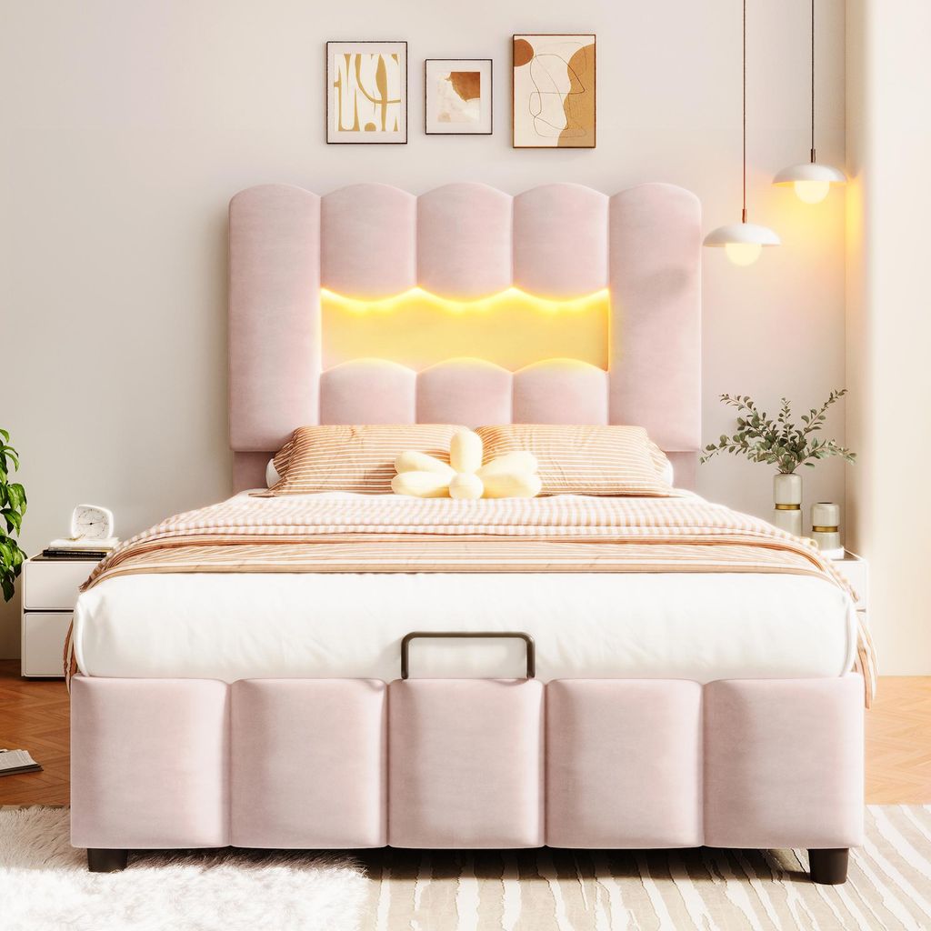 Polsterbett 90x200 cm mit LED & Hydraulik – Einzelbett in Rosa, Samt-Bezug, verstellbares Kopfteil, Stauraum, 203x90x109 cm, für Schlafzimmer & ...