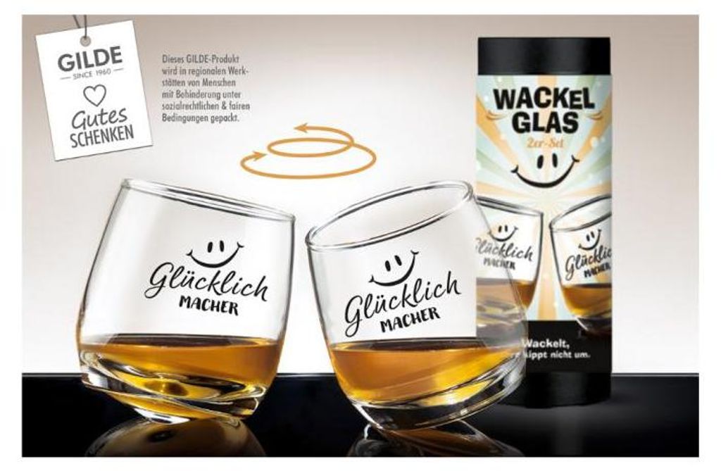 GILDE Wackelglas Set 2-teilig, Glücklichmacher, Glas klar, Wackelgläser mit Spruch für mehr Glück