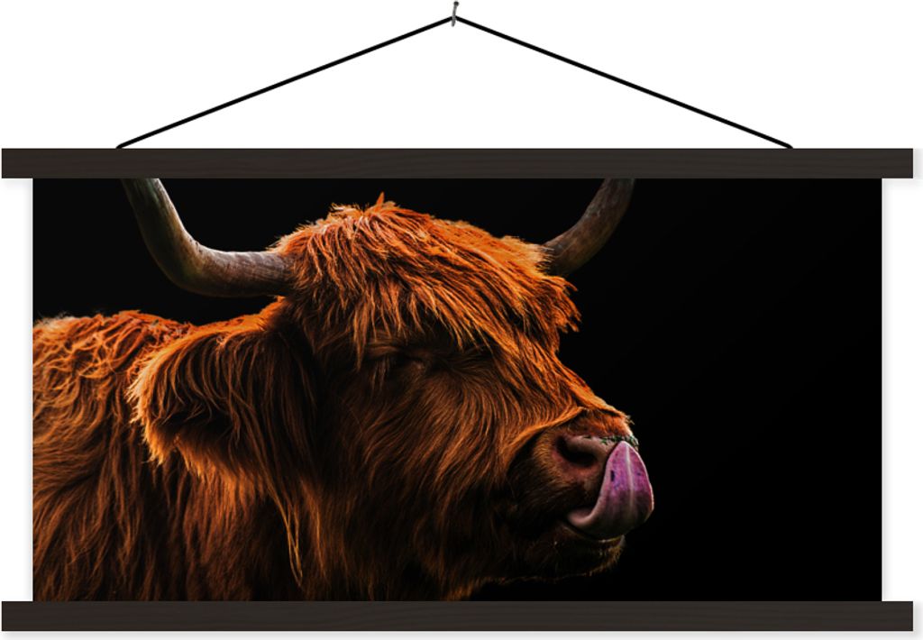 MuchoWow Textilposter Schottisches Hochlandrind - Zunge - Nase 120x60 cm mit schwarzem Rahmen - Dekoration Schlafzimmer