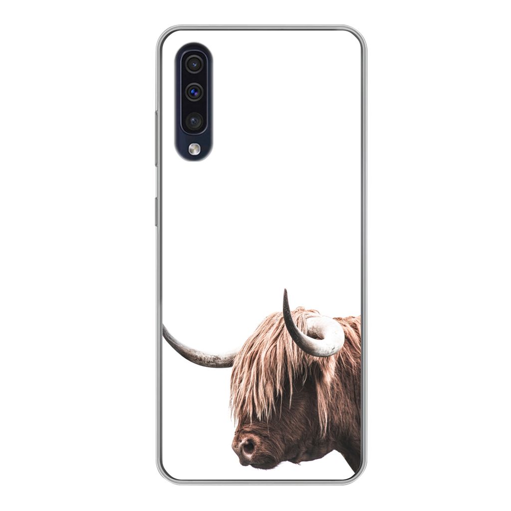MuchoWow Handyhülle Schutzhülle Hülle für Samsung Galaxy A50 Schottischer Highlander - Kopf - Weiß Silikon Softcase Handy Hülle - Mobiltele...