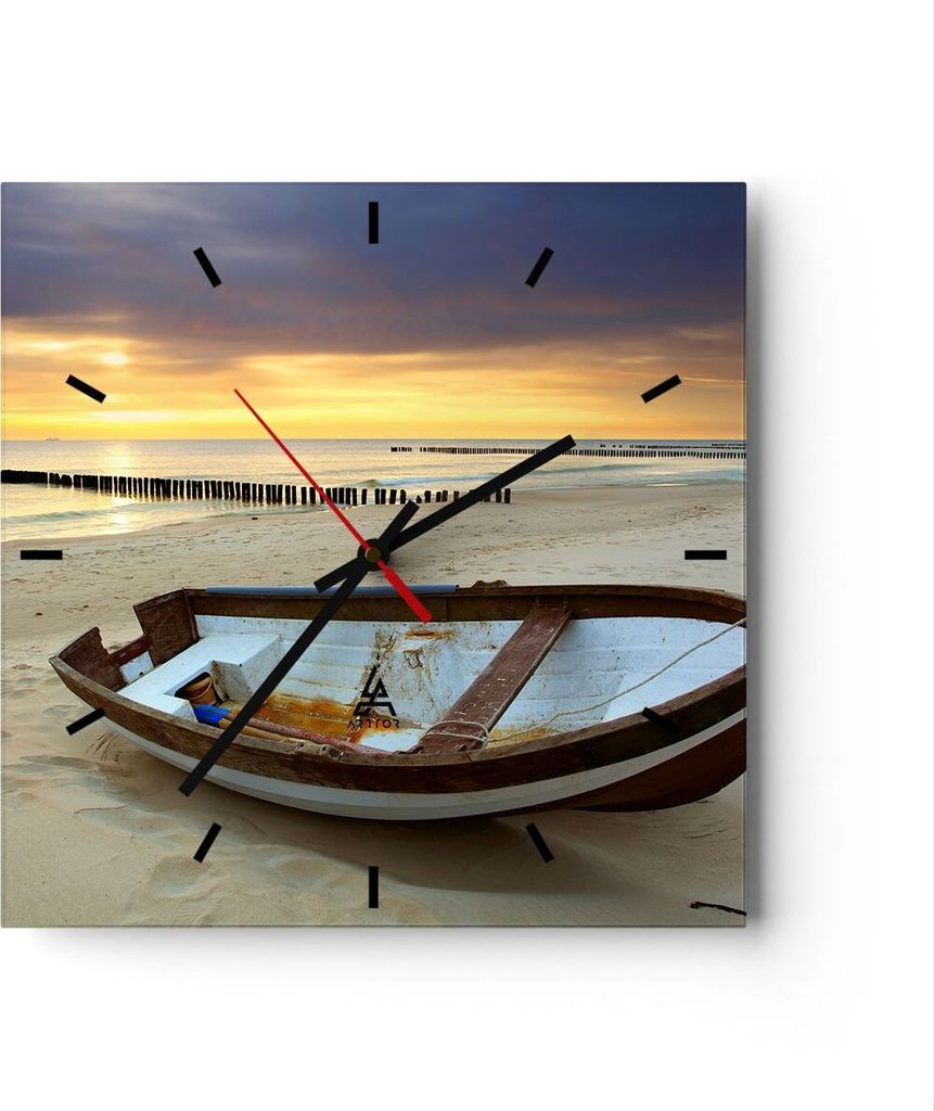 Wanduhr - Quadrat - Glasuhr - Strand Boot Ostsee Sommer - 40x40cm - Schleichendes Uhrwerk - Lautlos - zum Aufhängen bereit - Dekoration Modern - W...