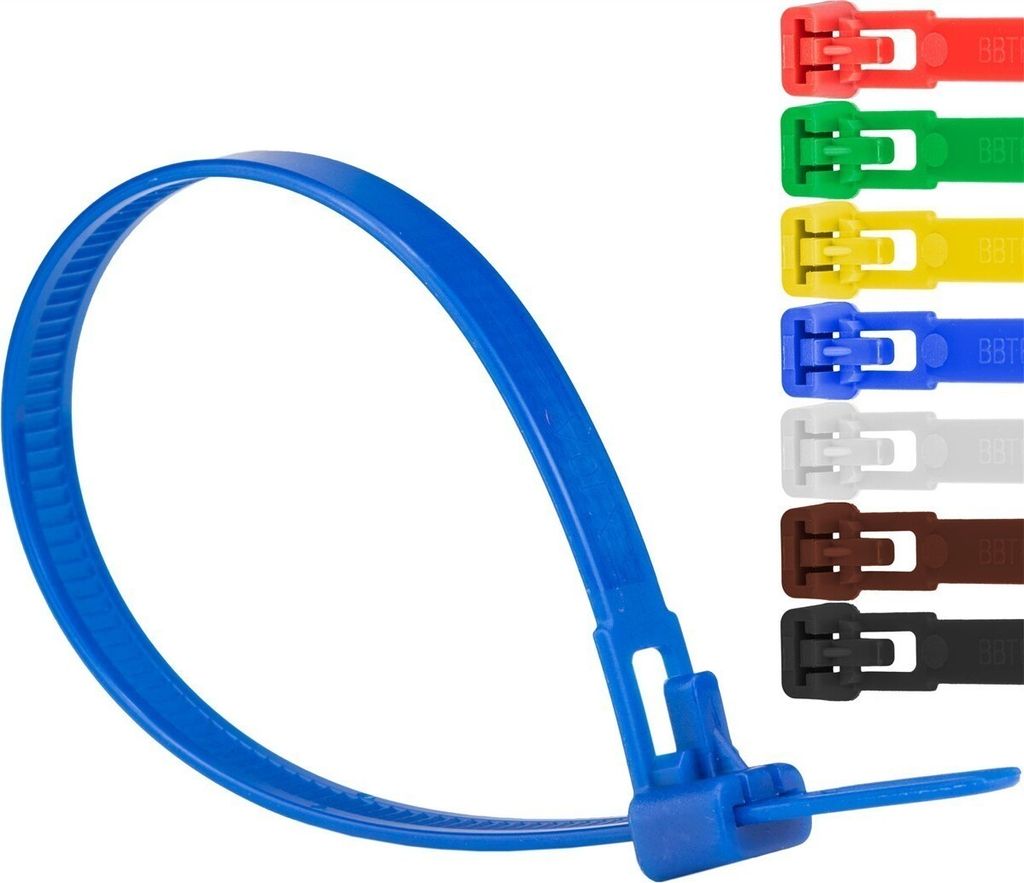 Kabelbinder UV-beständig Polyamid 6.6 wiederlösbar wiederverwendbar schwarz weiß 370mm x 7,6mm blau 100 Stück