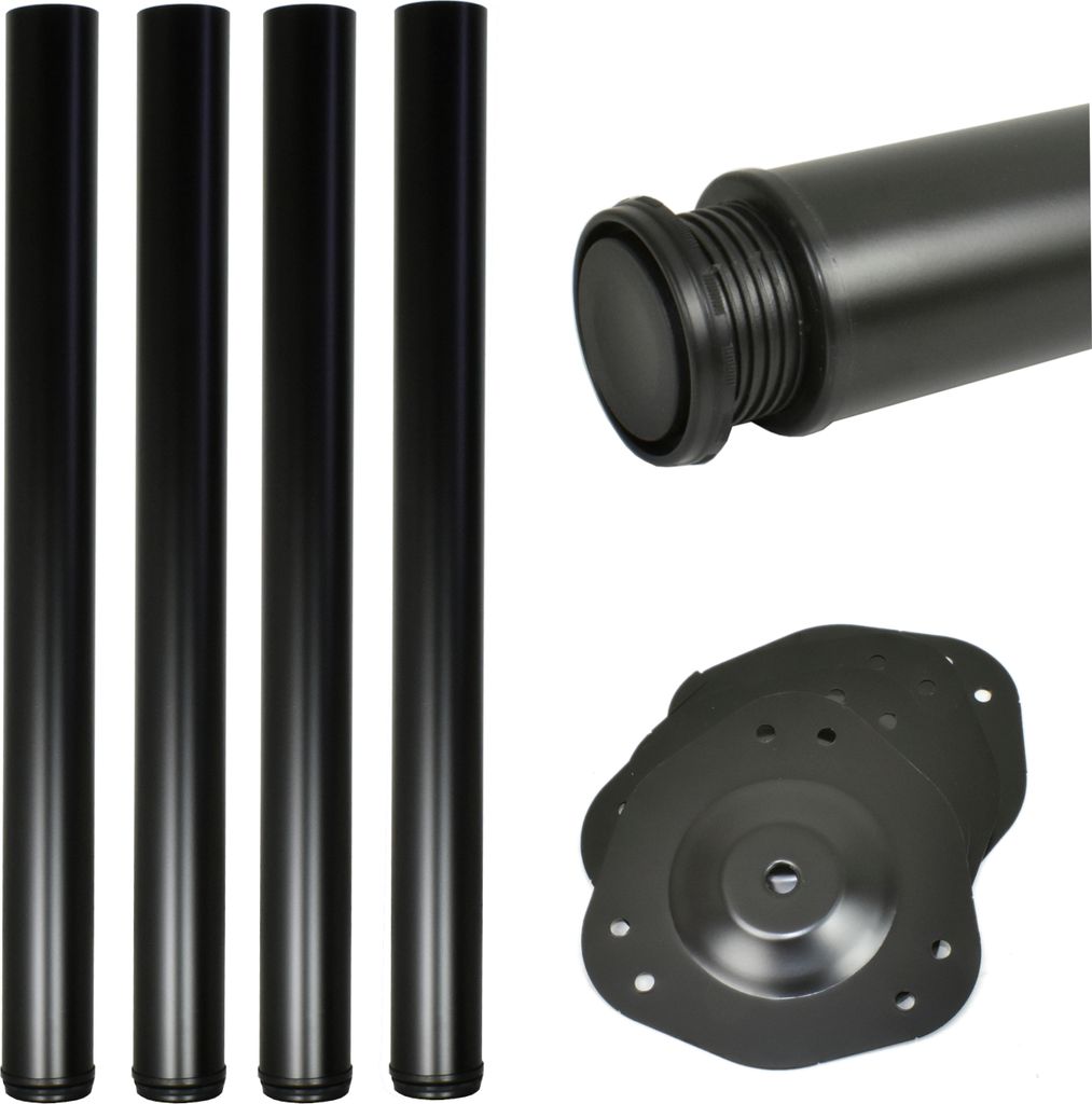 A set of four black table legs and mounting plates are displayed against a white background.