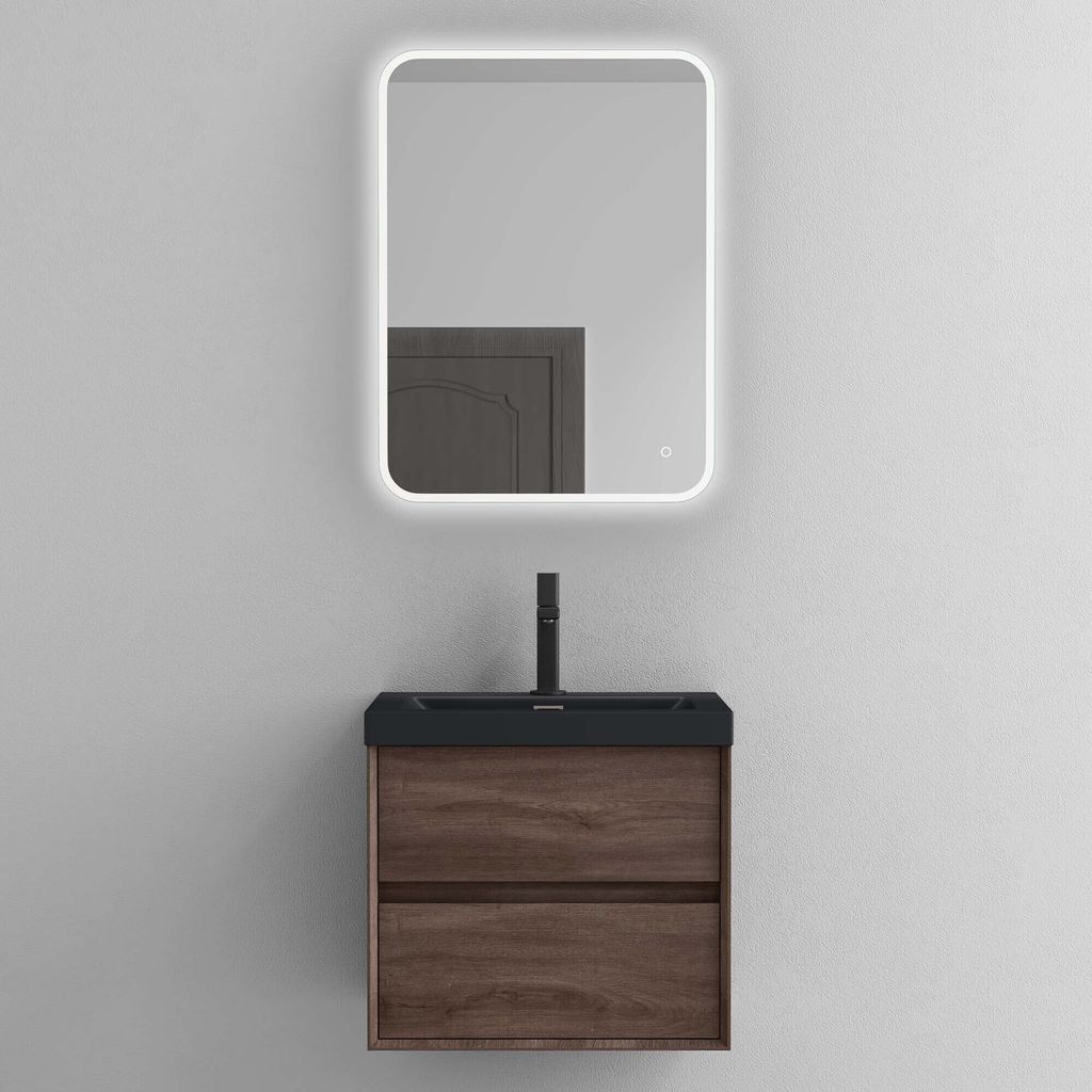 Mai & Mai Badmöbelset Badezimmermöbel Waschbeckenunterschrank 2 Schubladen mit Soft-Close inkl. Waschbecken und LED-Badspiegel Grau-braun 60 cm Rimo