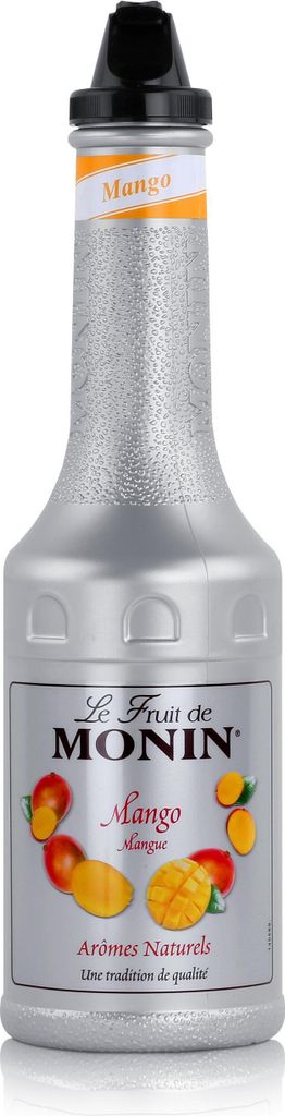 A bottle of Monin Mango fruit puree mix.