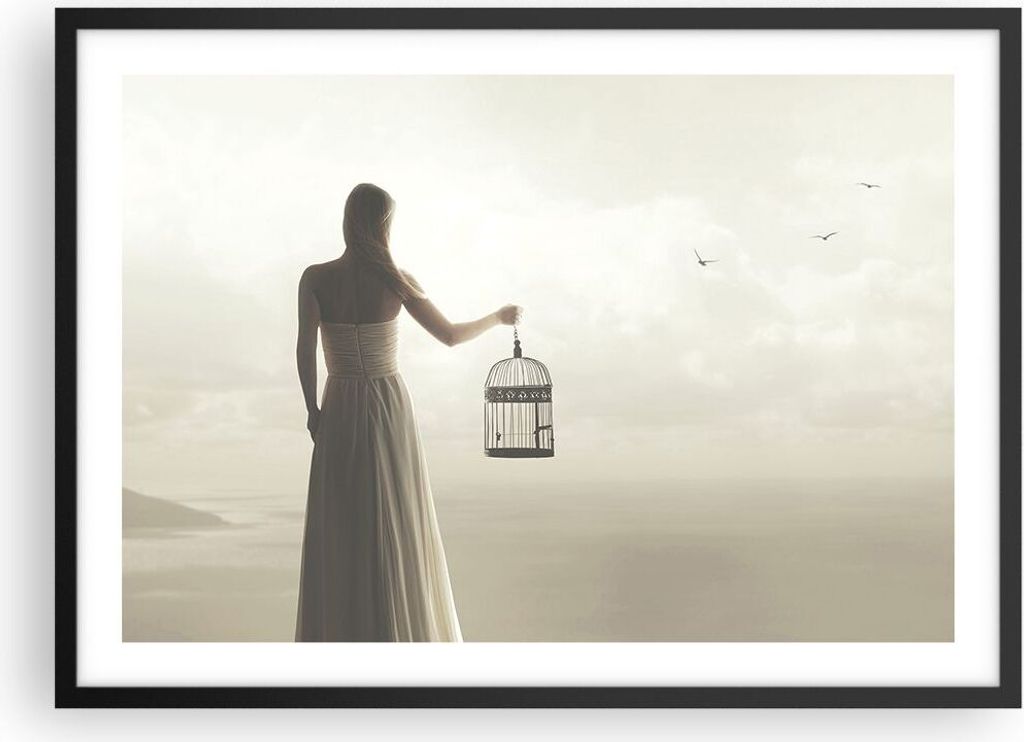 Gerahmtes Poster - Schwarzer Rahmen - Frau Käfig Vogel - 70x50 cm - Wand Bild - Wanddeko - Wandbilder - Kunstposter - Wandposter - Bilderrahmen - ...