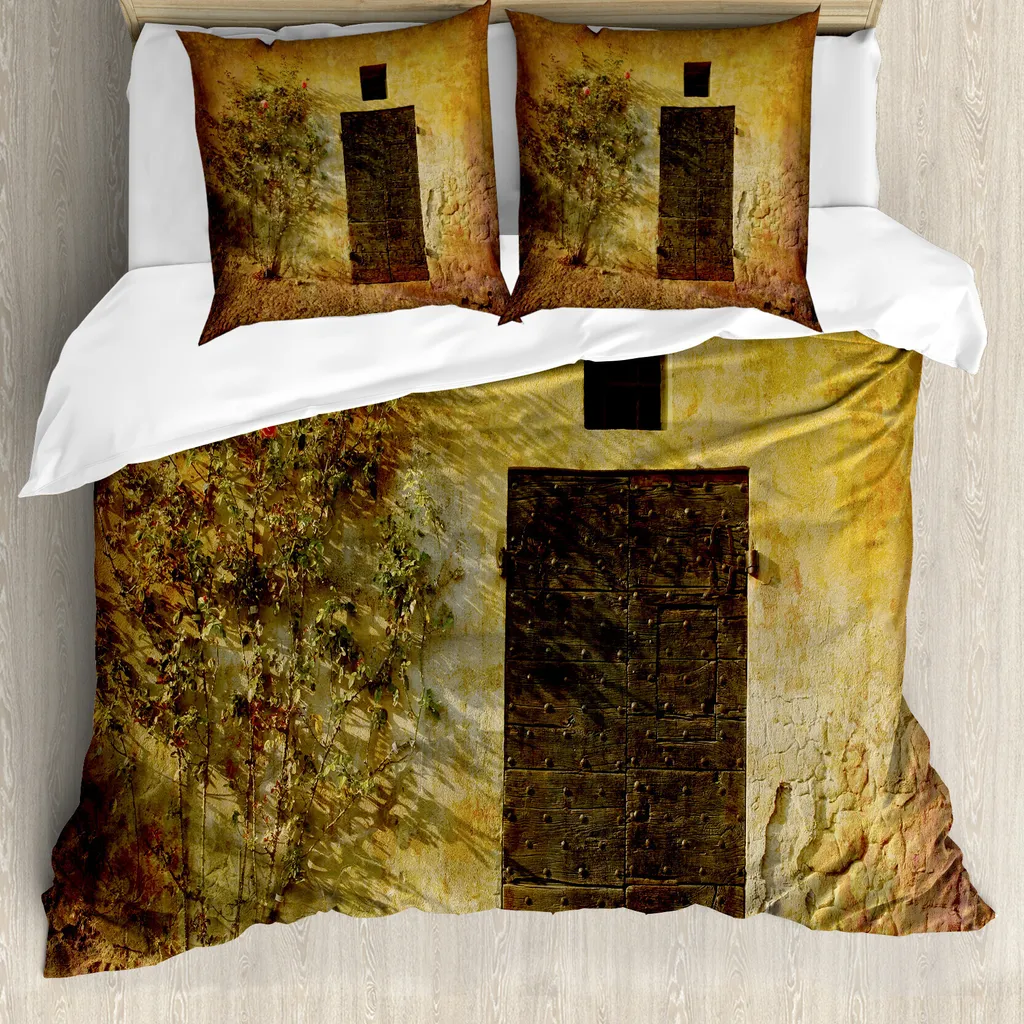 ABAKUHAUS Copripiumino rustico, porta storica italiana, antiacaro, adatto a chi soffre di allergie, con federe, 155 cm x 220 cm - 80 x 80 cm, marrone ambra