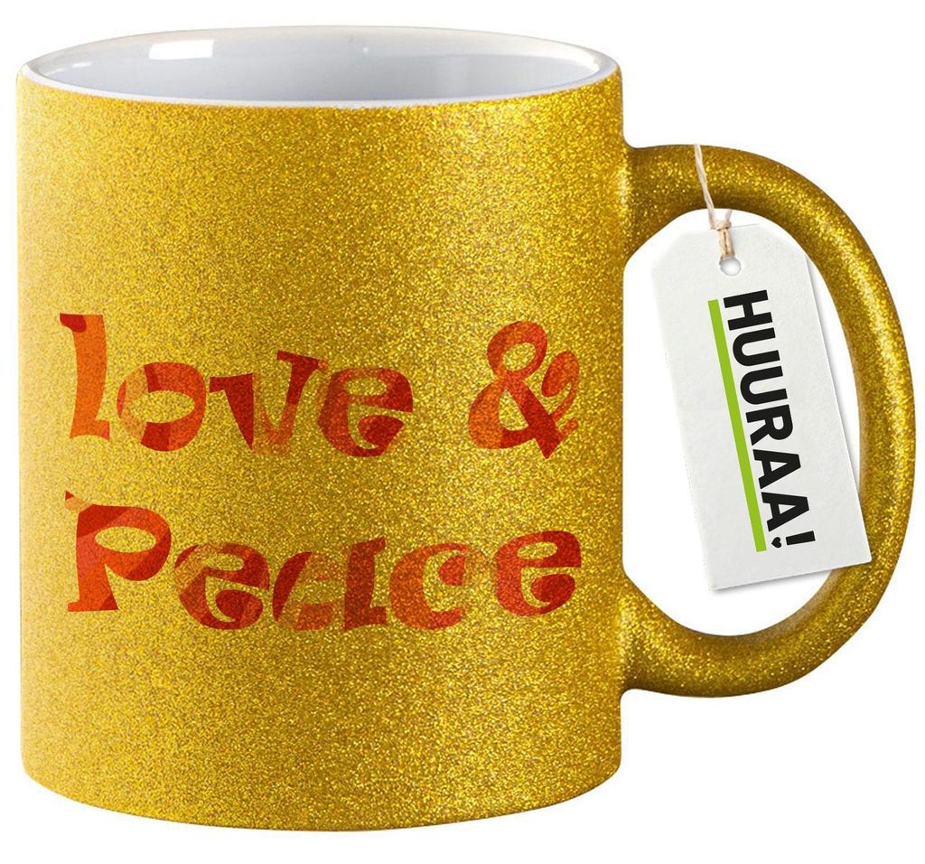 Huuraa Glitzertasse Love & Peace 70s 330ml Gold Keramik Kaffeebecher Geschenkidee