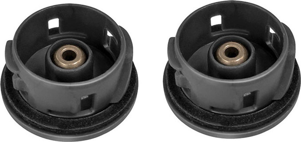 Two black replacement end cap covers for a Dyson V6 vacuum cleaner.