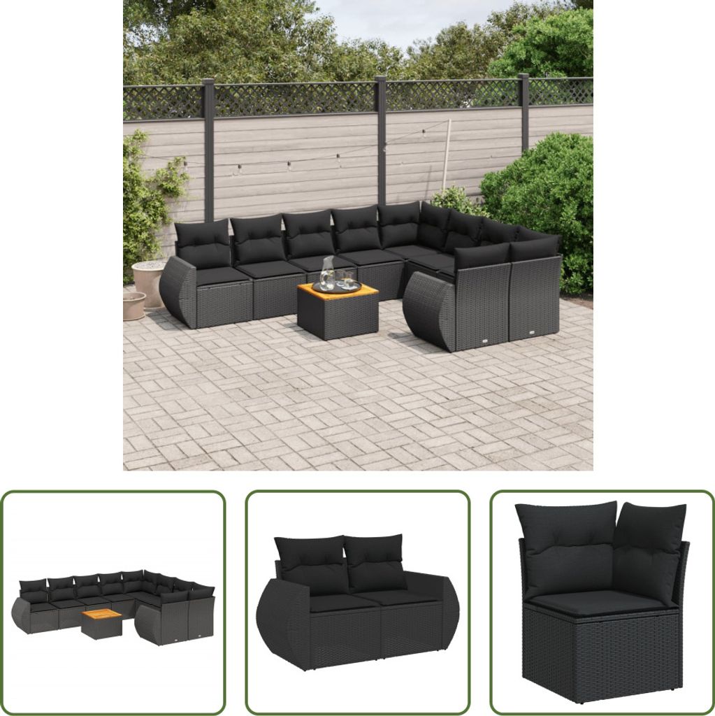 The Living Store 10-tlg. Garten-Sofagarnitur mit Kissen Schwarz Poly Rattan
