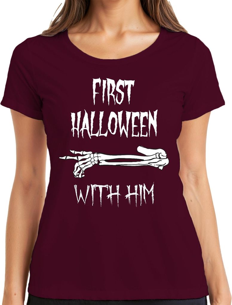 FIRST HALLOWEEN WITH HIM Erstes Baby Skelett Arm Grusel Papa Damen T-Shirt, Burgundy, XXL