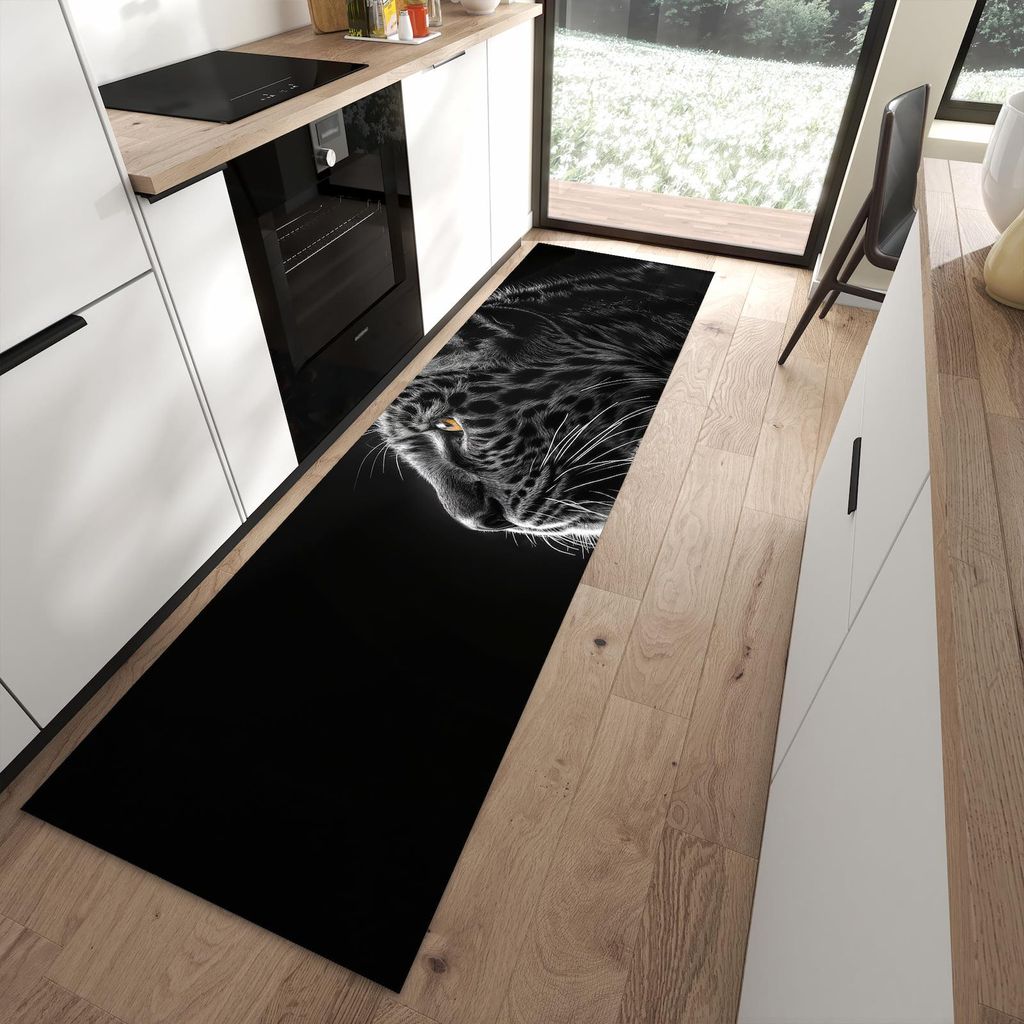Küchenteppich 80x280cm rutschfest & abwischbar PVC Läufer - Leopard Silhouette