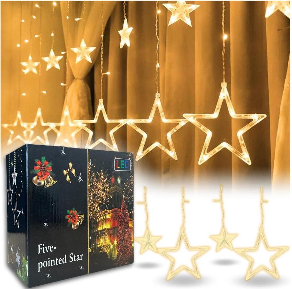 A product shot of LED star-shaped string lights with a box of the product in the foreground.