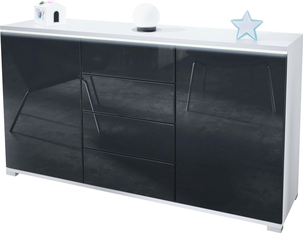 Vladon Sideboard Faro V1 - Kommode mit 2 Türen & 4 Schubladen, Schrank mit LED Lichtleiste, Weiß matt / Schwarz Hochglanz (138,5 x 75,5 x 35)