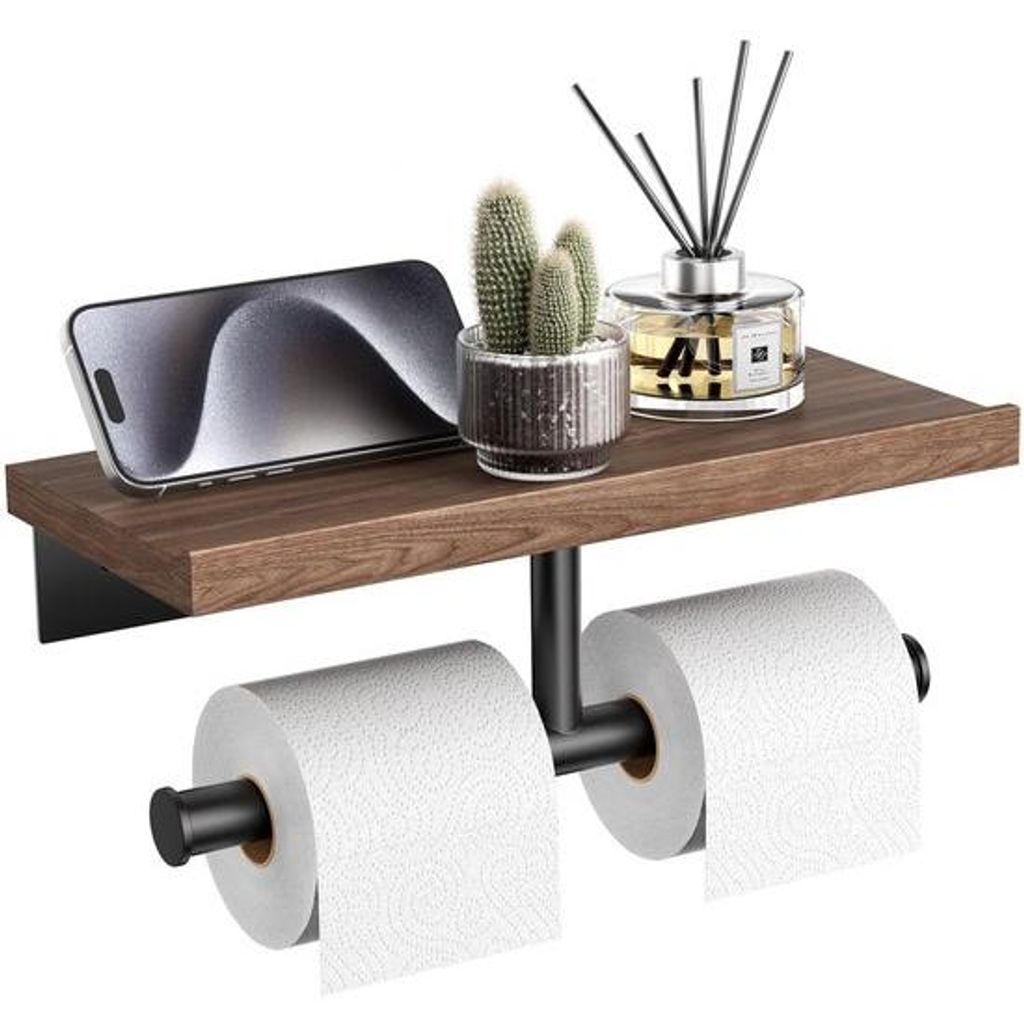 Holztab-Unterhalter mit Holzbrett, an der Wand festschiebbar, matt schwarz lackiertes Edelstahl-Toilettenpapierhalter (Walnuss-Optik, 18/8 Edelstah...