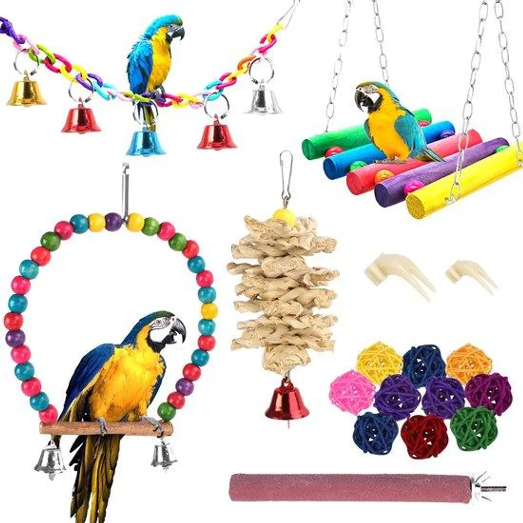 Accessoires de cage pour perroquet, set de 17 jouets avec balançoires