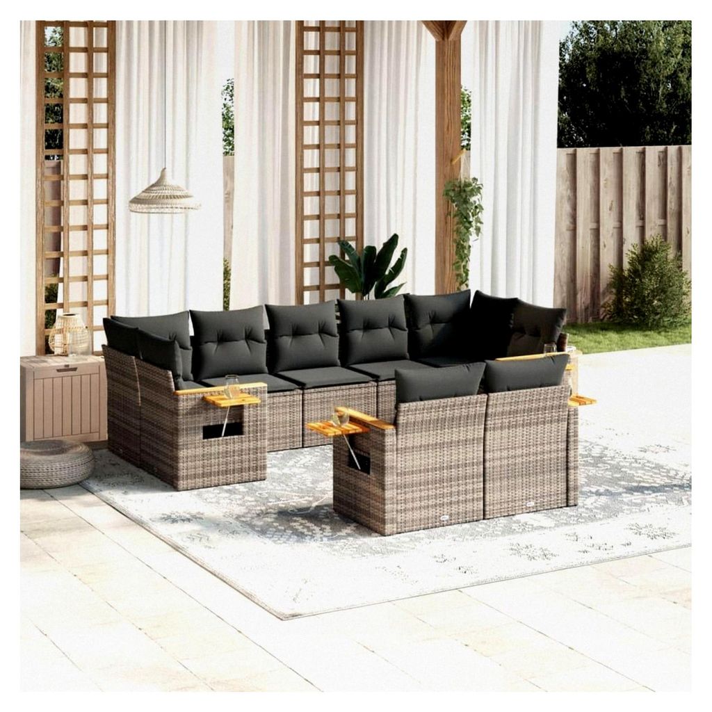 9-teiliges Gartensofa-Set mit grauen Kissen aus Polyrattan