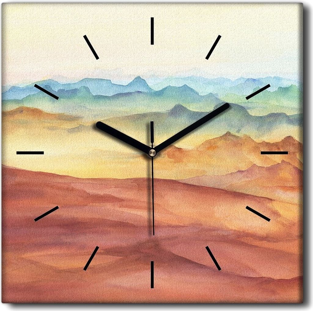 Coloray Uhr auf Leinwand 30x30 cm Wand Uhr Dekoration Wohnzimmer Segeltuch schwarze Hände -Bergsonnenuntergang