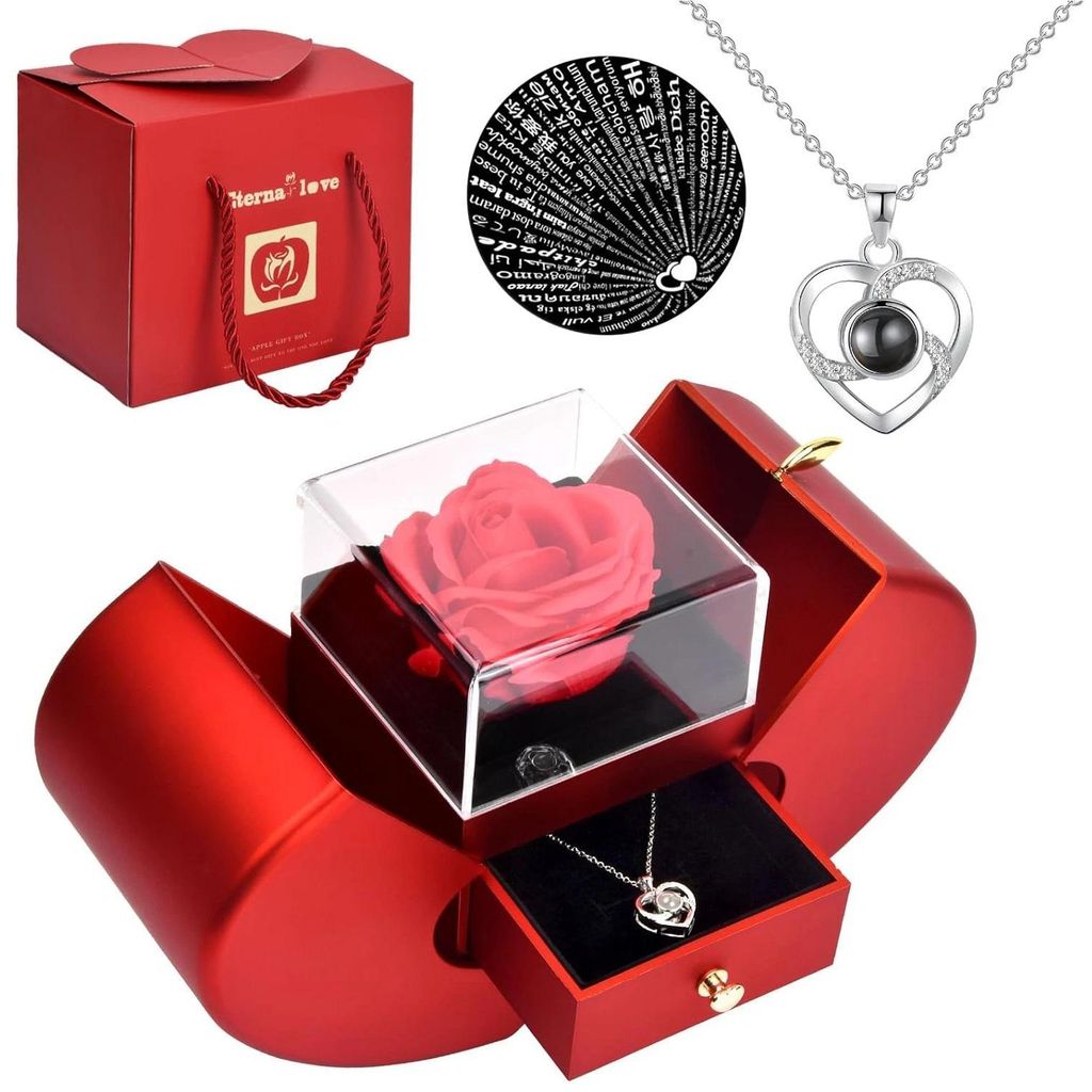 KBruShop Ewige Rose Geschenkbox Apfel mit Halskette Romantische Rosenbox Symbol ewiger Liebe |Luxus Infinity Rose Box Schmuckfach Perfektes Geschenk