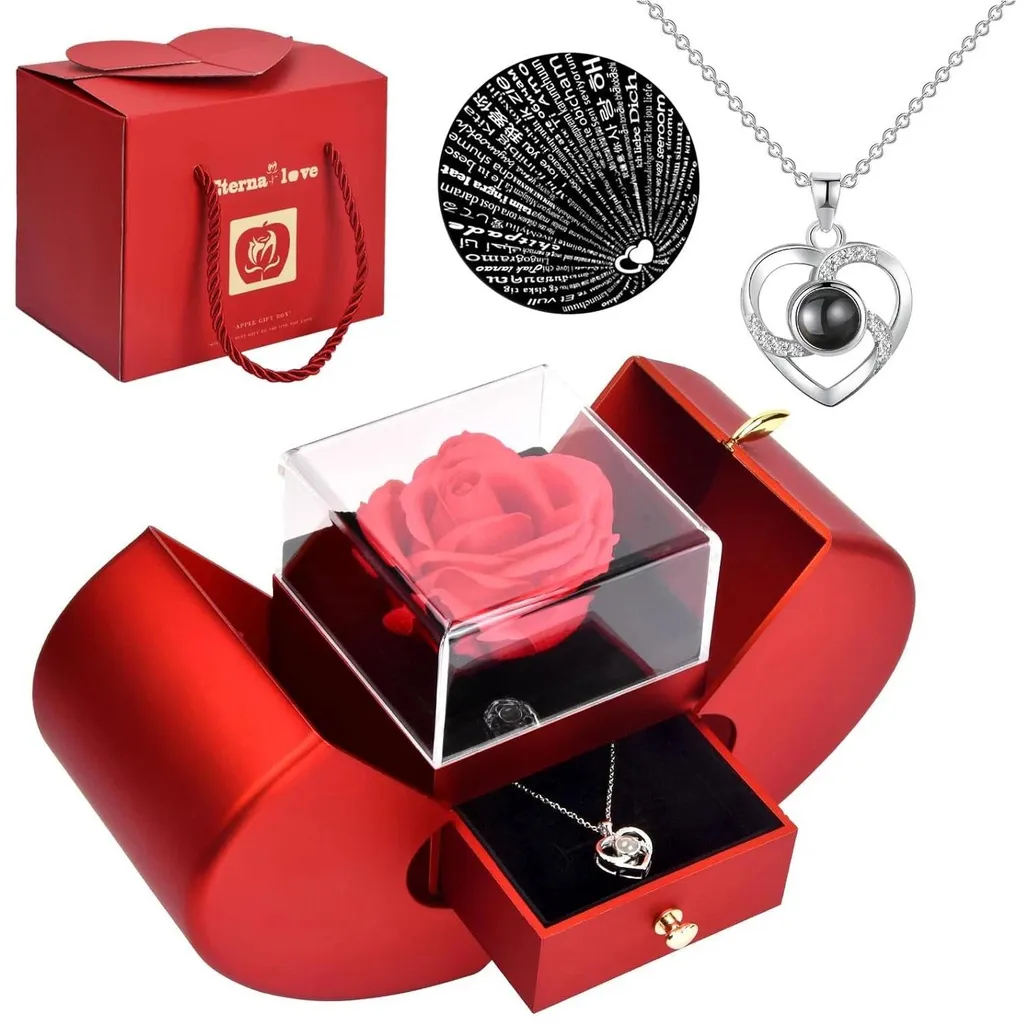 Coffret Bijoux Rose Éternelle Pomme Rouge avec Collier pour Femme Chic