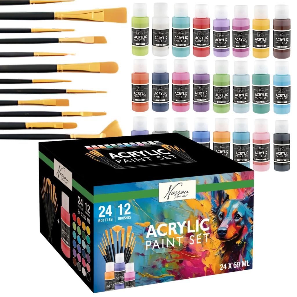 A set of acrylic paints and brushes is displayed, with the product packaging prominently featured.