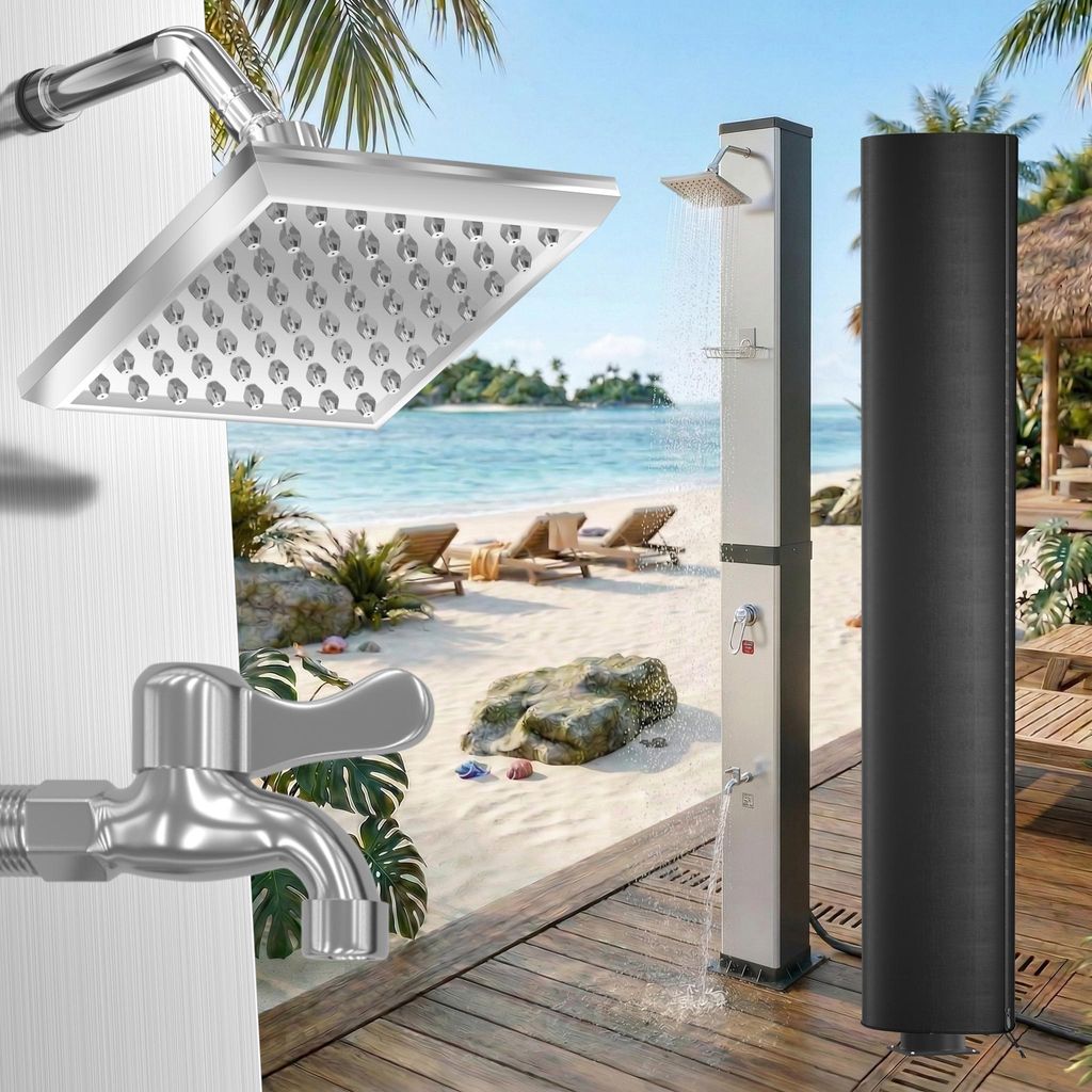UISEBRT Quadratische Solardusche Silber-Schwarz, 40L Kapazität, 360° Duschkopf für Garten, Pool und Camping